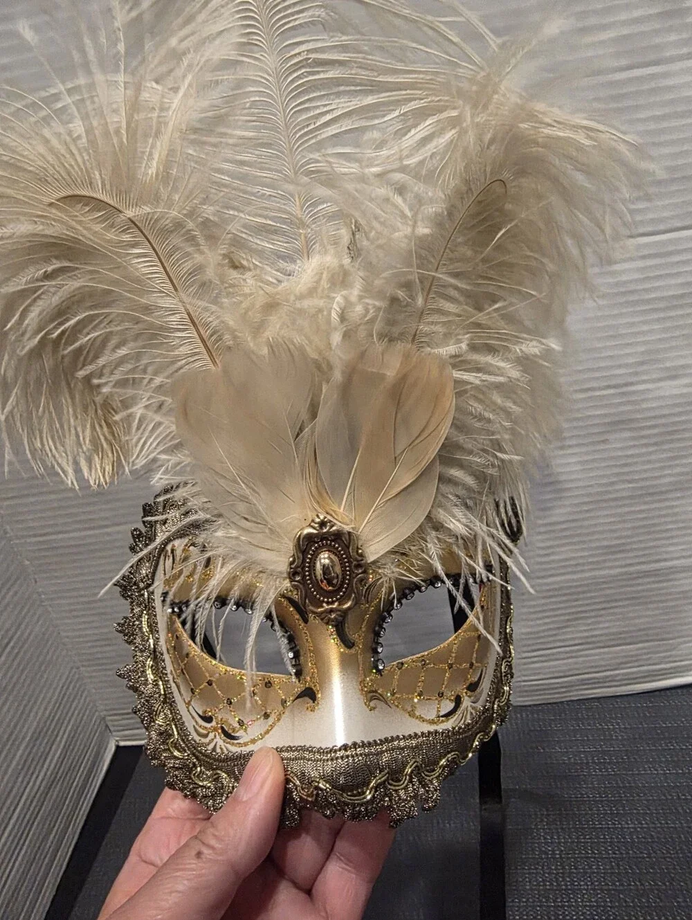 Gold and Cream Feathered Venetian Masquerade Mask.